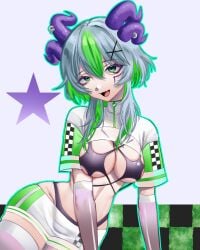 froot indie_virtual_youtuber virtual_youtuber vtuber 1girls solo female sitting wide_hips hips thighhighs single_thighhigh thighs thigh_squish see-through see-through_clothing shrug_(clothing) navel belly_button tummy stomach slim_waist narrow_waist midriff skirt miniskirt elbow_gloves short_sleeves bikini cleavage sideboob underboob breasts big_breasts pale_skin pale-skinned_female open_mouth eyeshadow purple_eyeshadow smile looking_at_viewer flesh_fang tongue cheek_markings tilted_head head_tilt wolfcut wolf_cut green_eyes green_hair grey_hair multicolored_hair short_hair horns horn_piercing x_hair_ornament hair_ornament simple_background sexy_pose pose posing slim slim_female