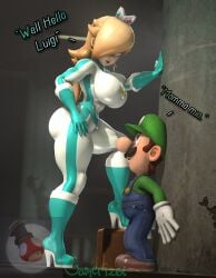 1boy 1girls 3d 3d_(artwork) blonde_hair blue_bodysuit blue_eyes blue_overalls breasts brown_hair clothing crown dialogue duo ear_piercing facial_hair female full_body gamer126i gloves green_hat green_shirt hat height_difference high_heels human humanoid kabalmystic_(style) larger_female light-skinned_female light-skinned_male long_hair looking_down looking_down_at_another looking_up looking_up_at_another luigi male male/female mario_(series) mario_kart mature mature_female mature_male nintendo overalls princess princess_rosalina princess_rosalina_(aero) royalty seductive shirt short_hair size_difference smaller_male text voluptuous voluptuous_female white_gloves