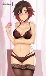1girls black_bra black_panties bra breasts clothing condom condom_wrapper female female_only lainart lingerie panties ruby_rose rwby seductive smile solo thighhighs