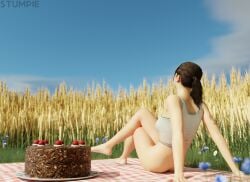 asian asian_female blue_eyes blue_eyes_female chell brown_hair brown_hair_female medium_ass nude_female pale_skin pale-skinned_female ponytail ponytail_female 3d artist:stumpie copyright:portal_(series) copyright:portal_2 nature nature_background day daytime daylight sunlight sunny relaxing relaxed field field_background wheat_field picnic_blanket food cake bottomless bottomless_female half-dressed half_nude