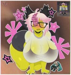 1girl absurd_res ahoge all_fours black_choker black_nails blush borrowed_character bra breasts choker chromatic_aberration colored_skin glasses hi_res highres looking_at_viewer multicolored_hair open_mouth pink_hair reference_image request roblox roblox_avatar robloxian rogue_(artist) self_upload shirt short_sleeves shorts solo star_(symbol) white_shirt yellow_skin