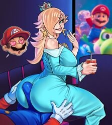 1boy 1girls akeron_20 ass ass_grab assjob big_ass big_breasts big_penis blonde_hair blue_eyes blush breasts buttjob clothed clothed_sex crown female grinding hair_over_one_eye heart_eyes hot_dogging huge_ass large_ass large_breasts large_penis long_hair male mario mario_(series) movie_theater penis princess_rosalina public_indecency rosalina source_request straight super_mario_bros. super_mario_galaxy super_mario_galaxy_(2026_film) yoshi