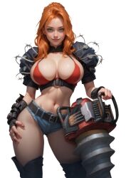 ai_generated alisha_(lust_goddess) big_boobies big_boobs big_breasts drill ginger green_eyes lust_goddess red_hair red_topwear transparent_background