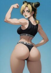jolyne_cujoh jojo's_bizarre_adventure anime round_ass round_butt bubble_butt bubble_ass blacked blue_background posing posing_for_the_viewer ai_generated ai_art flexing_bicep