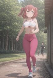 kurosawa_ruby love_live!_sunshine!! love_live! park running_shoes jogging legs leggings big_breasts thick_thighs smiling underboob belly_button twintails turquoise_eyes pink_hair in_motion pink_leggings workout standing view_from_front dynamic_angle ai_generated liltigerx sports_bra sportswear blushing