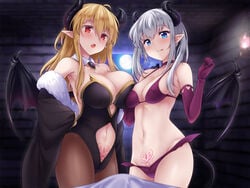 2girls 4:3 :p asymmetrical_docking bangs bikini blonde_hair blue_eyes blush breast-to-breast breast_press breasts brown_legwear cape cleavage demon_girl demon_horns demon_tail demon_wings female fur_clothing high_resolution horns large_breasts leotard long_hair looking_at_viewer low_wings multiple_girls navel oerba_yun_fang open_mouth pantyhose pointed_ears pubic_tattoo red_eyes sidelocks silver_hair succubus swimsuit tail tattoo tongue tongue_out uni8 wings