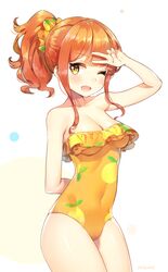 ;o alternative_bust_size arm_behind_back artist_name ayami ayami_(annahibi) ayami_(pixiv_14112962) ayamy bare_shoulders blush breasts brown_hair casual_one-piece_swimsuit cleavage covered_navel cowboy_shot eromanga_sensei eyebrows_visible_through_hair female frills happy high_resolution jinno_megumi long_hair medium_breasts one-piece_swimsuit one_arm_up one_eye_closed orange_eyes orange_hair orange_swimsuit ponytail sidelocks simple_background solo strapless strapless_one-piece_swimsuit strapless_swimsuit swimsuit thick_thighs thighs tied_hair v white_background wink yellow_eyes yellow_swimsuit