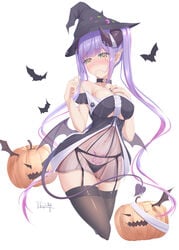 1girls absurdres alternate_breast_size bare_shoulders bat_wings bibi_(tokoyami_towa) black_dress black_headwear black_legwear blush breasts center_frills choker clothing_cutout contrapposto cropped_legs curled_horns demon_girl demon_horns demon_tail dress ear_piercing embarrassed female frills garter_belt green_eyes hair_in_mouth hair_ornament hairclip halloween hat highres holoforce hololive hololive_japan horn_piercing horns jack-o'-lantern large_breasts lingerie looking_at_viewer low_wings mini_hat multicolored_hair narrow_waist navel_piercing o-ring o-ring_choker piercing pointy_ears pubic_tattoo purple_hair see-through short_dress sidelocks skin_tight solo solo_female spaghetti_strap strap_pull streaked_hair succubus succubus_tattoo tail tattoo thighhighs thong tokoyami_towa tr24 twintails underboob_cutout underwear undressing virtual_youtuber wide_hips wings witch witch_hat