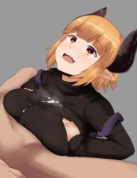 big_breasts blonde_hair blush bodily_fluids breasts clothing cum cum_between_breasts cum_on_clothing faceless_male female genital_fluids hair holding_breast horn horned_humanoid huge_breasts humanoid humanoid_pointy_ears male nao_(artist) open_mouth paizuri sex simple_background straight sweater titjob topwear