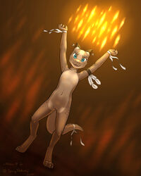 2020 3_toes 4_fingers anthro arms_above_head blue_eyes claws cleric eddiew eyebrows feathers female fingers fire flat_chested genitals horn jewelry kobold magic navel nude pussy signature simple_background spikes standing toes wraps wrist_wraps