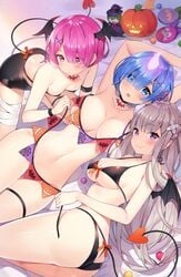 3girls :o areola_slip areolae armpits arms_up ass ass_cleavage ass_cutout ayami_(annahibi) ayamy backless_outfit bandaged_leg bandages bare_arms bare_shoulders bikini black_bikini black_dress black_swimsuit blue_eyes blue_hair braid breasts butt_crack choker clavicle cleavage demon_tail demon_wings dress elf emilia_(re:zero) feline female flower_knot french_braid front-tie_bikini front-tie_top groin hair_ornament halloween halter_top halterneck hat head_wings high_resolution horn jack-o'-lantern large_breasts long_hair looking_at_viewer lying male multiple_girls navel objectification oerba_yun_fang on_back on_side open-back_dress parted_lips pink_eyes pink_hair pointed_ears purple_eyes ram_(re:zero) re:zero_kara_hajimeru_isekai_seikatsu rem_(re:zero) revealing_clothes short_hair siblings sidelocks silver_hair small_breasts stomach strapless strapless_dress swimsuit tail thigh_strap thighs tied_hair trio twins untied untied_bikini very_long_hair wings witch_hat wristband x_hair_ornament