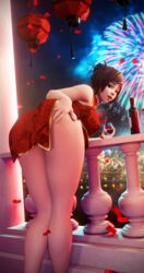 1girls 3d ass blizzard_entertainment breasts cheongsam chinese_clothes chinese_dress curvy erect_nipples female female_only fireworks highres huge_breasts large_ass mei_(overwatch) mei_ling_zhou nipple_bulge nipples overwatch qoc_(artist) sci-fi science_fiction scifi skirt solo solo_female tagme wine wine_bottle wine_glass