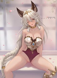 1girls animal_ears artist_name azto_dio blush braid breasts cat_ears cleavage collar collarbone erune female granblue_fantasy hair_between_eyes heles highleg highleg_leotard highres large_breasts leotard leotard_aside long_hair looking_at_viewer low-tied_long_hair metal_collar one_eye_closed open_mouth petals purple_leotard pussy sidelocks silver_hair single_braid sitting smile solo spread_legs thighs tiara very_long_hair yellow_eyes