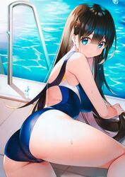 ass ayamy bangs black_hair blue_eyes female female high_resolution large_filesize long_hair one-piece_swimsuit original scan shiny shiny_hair shiny_skin simple_background solo swimsuit very_high_resolution