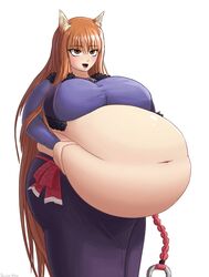 1girls bbw big_belly big_breasts brown_eyes brown_hair clothing drooling fat fat_woman female female_only holo large_breasts long_hair navel obese obese_female solo spice_and_wolf tail thick thickerwasp wolf_ears