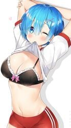 arms_behind_head arms_up arms_up_pose artist_name ayamy bangs black_bra black_underwear blue_eyes blue_hair blush bow bow_bra bra breasts cleavage eyebrows_visible_through_hair female frilled_bra frilled_underwear frills gym_uniform hair_ornament hair_over_one_eye heart high_resolution lifted_by_self lifted_clothes_with_mouth medium_breasts mouth_hold navel one_eye_closed re:zero_kara_hajimeru_isekai_seikatsu red_shorts rem_(re:zero) shadow shiny shiny_hair shiny_skin short_sleeves shorts signature simple_background solo stomach thighs underwear white_background x_hair_ornament