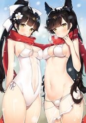 2girls animal_ears atago_(azur_lane) atago_(summer_march)_(azur_lane) ayami ayami_(annahibi) ayamy azur_lane bangs bikini black_hair bow breasts casual_one-piece_swimsuit female light-skinned_female light_skin long_hair medium_breasts multiple_girls navel navel_cutout one-piece_swimsuit ribbon sakura_empire_(azur_lane) sarong scarf shared_scarf swept_bangs swimsuit takao_(azur_lane) takao_(beach_rhapsody)_(azur_lane) very_long_hair white_bikini white_bow white_one-piece_swimsuit white_ribbon white_swimsuit