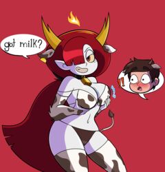 ! 1boy animal_ears armwear bedroom_eyes bell blood bra breast_hold breasts brown_hair clothing collar cow_ears dialogue disney disney_channel disney_xd english_text eyelashes female gloves grin hekapoo high_resolution horn latino legwear long_hair looking_at_viewer male marco_diaz open_mouth pantsu pills-in-a-little-cup red_background red_eyes red_hair simple_background smile socks speech_bubble star_vs_the_forces_of_evil tail teeth text thighhighs thong thong_panties tongue underwear very_high_resolution white_skin yellow_horn yellow_sclera