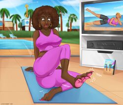 afro big_breasts body_part_tf brown_eyes brown_hair catchabird curse dark-skinned_female detailed_background feet gold_earrings human nipples_visible_through_clothing pink_clothing shocked story_at_source yoga yoga_mat yoga_pants