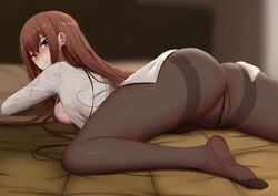 1girls anus ass bangs barefoot bed bed_sheet blue_eyes blush bottomless bra breasts brown_hair cameltoe censored eyebrows_visible_through_hair feet female frown ginhaha hair_between_eyes highres indoors lingerie long_hair long_sleeves looking_at_viewer looking_back lying makise_kurisu naked_shirt nipples on_bed on_stomach open_mouth panties pantsu pantyhose pillow pink_bra pink_panties pussy red_hair shiny shiny_hair shiny_skin shirt solo steins;gate thighs white_shirt