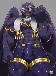 abs anthro bottomwear bulge clothing erection felid furry genital_outline male male_only mammal muscular muscular_male nipples pantherine pecs penis_outline shorts spandex subaru_aotk tezcatlipoca tight_clothing tokyo_afterschool_summoners video_games wings