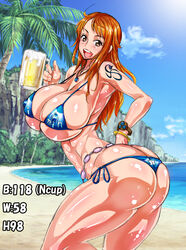 1girls absurd_res alternate_breast_size alternate_costume alternate_version_available ando_hiroyuki armpits ass bangs bare_shoulders beach beer beer_mug belt big_ass big_breasts bikini blue_bikini blush bracelet breasts cleavage clothing collarbone curvy detailed_background eyelashes female female_focus female_only hand_on_ass holding holding_object huge_ass huge_breasts human jewelry large_ass large_breasts long_hair looking_at_viewer measurements micro_bikini nami necklace nipple_bulge nipples nipples_visible_through_clothing ocean one_piece open_mouth orange_hair outdoors palm_tree pinup post-timeskip revealing_clothes sand shiny_skin side-tie_bikini side_view sideboob skimpy smile solo solo_female sweat sweatdrop swimsuit tattoo teeth thick_thighs thighs three_sizes tongue underboob voluptuous yellow_eyes