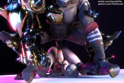 1boy 1girls 3d alternate_costume big_penis black_cat_d.va blizzard_entertainment blonde_hair d.va dark-skinned_male dark_skin doomfist female gifdoozer's_black_cat_d.va interracial looking_at_viewer male overwatch piledriver_position thehounde vaginal_penetration