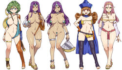 5girls alena_(dq4) areola_slip areolae blue_eyes blush breasts clothing dragon_quest dragon_quest_iv earrings female female_protagonist full_body heroine_(dq4) highres jewelry large_breasts long_hair long_purple_hair looking_at_viewer maya_mahabala medium_breasts meena_mahabala mizuryuu_kei multiple_girls nail_polish open_mouth open_toe_shoes pink_hair pointy_ears pussy_peek revealing_clothes rose_(dq4) short_green_hair simple_background small_breasts smile square_enix standing stockings white_background