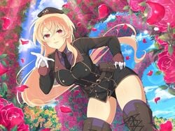 1girls blonde_hair military_uniform outfit posing red_eyes rose_(flower) rose_petals senran_kagura souji_(senran_kagura) yaegashi_nan