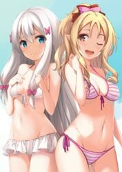 2girls 3: :d angry arm_at_side bangs bare_arms bare_shoulders bikini bikini_skirt blonde_hair blue_eyes blue_sky blush bow breasts breasts_apart brown_eyes clavicle cleavage closed_mouth cowboy_shot curly_hair day drill_hair eromanga_sensei eyebrows_visible_through_hair female front-tie_bikini front-tie_top grey_hair groin hair_between_eyes hair_ornament hairbow hand_on_chest hand_on_own_chest hand_up hands_up happy izumi_sagiri legs_together long_hair medium_breasts midriff multiple_girls navel one_eye_closed open_mouth outdoors pink_bow pink_hair pointed_ears ponytail red_bow ribbon ringlets rods round_teeth side-tie_bikini sidelocks silver_hair sky small_breasts smile spread_legs standing stomach striped striped_bikini striped_swimsuit swimsuit teeth tied_hair twin_drills twintails upper_teeth white_bikini white_swimsuit wink yamada_elf yuri