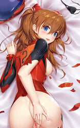 asuka_langley_sohryu blue_eyes blush breasts clothing cuddly_octopus dakimakura looking_at_viewer looking_back neon_genesis_evangelion orange_hair plugsuit pussy ripped_clothing shadowgrave suit torn_bodysuit torn_clothes uncensored wet_pussy