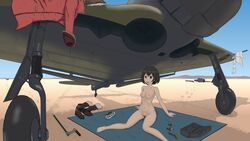 aircraft airplane black_hair boots breasts brown_eyes brown_hair coat female gloves goggles highres ki-43_hayabusa kirie_(kouya_no_kotobuki_hikoutai) kouya_no_kotobuki_hikoutai navel nipples nude open_mouth red_coat scarf shade short_hair toolbox west1s wreckage