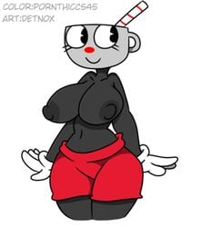 1girls anthro big_breasts bottomwear casual colored cuphead cuphead_(game) dark_skin detnox edit female handwear pornthiccs45 recolor rule_63 shorts topless topless_female white_background