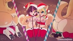 2girls animated anthro anus big big_breasts blue_eyes blue_hair breasts candy_cane canine christmas dainapp dildo dildo_sitting eipril feet female female_only framerate_edit fur furry leash masturbation no_sound pink_eyes pink_hair santa_hat sex_toy tail vagina vaginal_penetration video