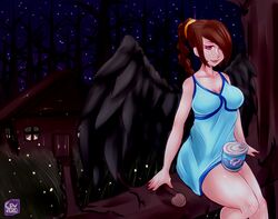 2020 bait breasts brown_eyes brown_hair cev detailed_background feathered_wings female female_only forest hair hair_over_one_eye harpy looking_at_viewer nightgown ponytail sitting_in_tree smile wings