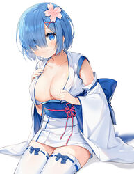 bangs blue_eyes blue_hair blue_ribbon blue_sash blunt_bangs blush breasts clavicle cleavage closed_mouth detached_sleeves eikaa eyebrows_visible_through_hair eyes_visible_through_hair female female flower hair_flower hair_ornament hair_over_one_eye hand_on_chest hand_on_own_chest hands_up kimono large_breasts legs_together looking_at_viewer miko no_bra nontraditional_miko obi open_clothes re:zero_kara_hajimeru_isekai_seikatsu rem_(re:zero) ribbon sash short_hair simple_background sitting smile solo thighhighs thighs wafuku white_background white_kimono white_legwear wide_sleeves x_hair_ornament