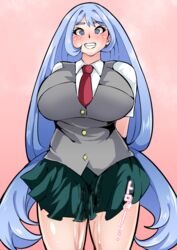 1girls big_breasts blue_eyes blue_hair blush breasts huge_breasts japanese_text large_breasts matahachi my_hero_academia nejire_hado pink_background pussy_juice skirt smile solo squirting sweat tight_clothes tight_clothing u.a._school_uniform