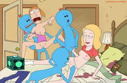 2girls 3boys accurate_art_style alcohol alpha_male bed beth_smith blonde_hair bottle bottomless breasts breasts_out drunk edit female interspecies male mother_and_daughter mr_meeseeks multiple_boys multiple_girls nobodyman9000 panties_aside penis rick_and_morty screenshot screenshot_edit sex shirt_lift spread_legs summer_smith