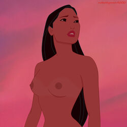 1girls accurate_art_style black_hair casual dark_skin disney disney_princess edit female human long_hair native_american nipples nobodyman9000 nude outdoors pocahontas pocahontas_(character) screenshot screenshot_edit small_breasts sunset