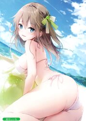 artist_name ass bangs beach bikini blue_eyes blue_sky blurry blurry_background blush breasts brown_hair cloud cloudy_sky comic_market comic_market_96 day eyebrows_visible_through_hair female female hair_ornament high_resolution looking_at_viewer medium_breasts melonbooks melonbooks_girls_collection_2019_summer_sai mochizuki_shiina ocean open_mouth outdoors scan shiny shiny_hair side-tie_bikini sideboob sitting sky smile solo swimsuit thighs very_high_resolution water white_bikini white_swimsuit