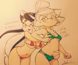 :3 abesdrawings big_breasts bikini callie_(splatoon) cleavage english_text green_bikini groping_breast groping_from_behind inkling large_breasts marie_(splatoon) micro_bikini navel nintendo open_mouth pink_bikini small_breasts smile smooth_skin splatoon squid_sisters tickling traditional_media traditional_media_(artwork) tummy_grab