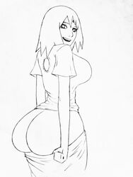 3:4 ass big_ass big_breasts biggies00 breasts clothes forehead_jewel line_art looking_back naruto naruto_shippuden no_panties sakura_haruno showing_off skirt_pull smiling thin_waist traditional_media_(artwork) white_background wide_hips