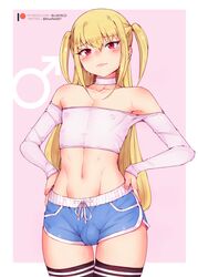 1boy absolute_territory androgynous ball_bulge balls_under_clothes blonde_hair bluefield blush bulge cock_bulge crossdressing femboy flaccid girly looking_at_viewer male male_only maria_holic penis_bulge penis_under_clothes red_eyes shidou_mariya sissy solo tights trap