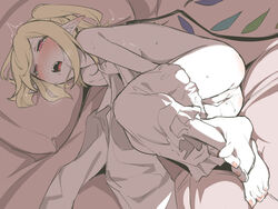 1girls ass asutora barefoot bed_sheet blonde_hair bloomers bloomers_(victorian) bloomers_pull blush breasts drooling fangs feet female fingering flandre_scarlet full_body half-closed_eyes heavy_breathing holding_shirt lying masturbation nose_blush on_side open_mouth pointy_ears pussy_juice red_eyes saliva short_hair side_ponytail solo sweat toes touhou trembling underwear underwear_pull wings