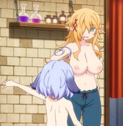 big_breasts blonde_hair canon_genderswap elf female genderswap_(mtf) half-dressed ishuzoku_reviewers kanchal passione_(company) petite pointy_ears rule_63 screencap screenshot zel_(ishuzoku_reviewers) zellie