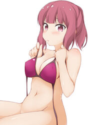 1girls bangs belly bikini bikini_top blush breasts cleavage female female_only koisuru_asteroid mikage_sakurai nude pink_eyes pink_hair sakurai_mikage short_hair shy sitting solo solo_focus stomach swimsuit thighs untied_bikini white_background