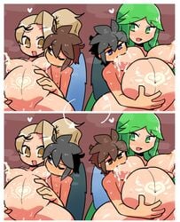 2boys 2girls black_hair blonde_hair breastfeeding breasts brown_eyes brown_hair crap-man dark_pit double_pregnancy green_eyes green_hair heart heart_tattoo highres kid_icarus kid_icarus_uprising lactation long_hair multiple_boys multiple_girls multiple_pregnancies nachure navel nintendo nipples nude palutena pit_(kid_icarus) pregnant ready_to_pop sex spread_legs stomach sweat tattoo very_long_hair viridi