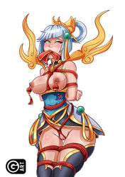 1girls 2020 bondage bound breasts clothing_aside female female_only femsub guaky league_of_legends looking_at_viewer lunar_empress_lux lunar_new_year lunar_revel_series luxanna_crownguard nipple_clamps nipple_piercing nipples peril piercing red_envelope riot_games rope text thigh_gap tied vagina watermark wide_hips year_of_the_dog