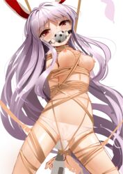 animal_ears arms_behind_back ball_gag bangs blush bondage bondage bound bound_arms bound_wrists breasts bunny_ears commentary_request crying drooling eyebrows_visible_through_hair female gag gagged half-closed_eyes highres hitachi_magic_wand legs_apart long_hair looking_at_viewer medium_breasts navel nipples open_mouth panties partially_visible_vulva purple_hair pussy pussy_juice red_eyes reisen_udongein_inaba rope saliva see-through shiny shiny_hair shiny_skin simple_background solo suna_(s73d) tears topless touhou uncensored underwear very_long_hair vibrator wet wet_clothes wet_panties white_background white_panties