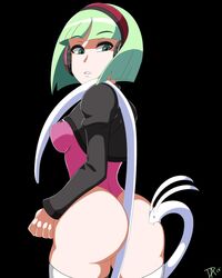 arc_system_works artist_logo ass ass_biting dalley_le_alpha female green_eyes green_hair headphones looking_back phonon short_hair thighhighs under_night_in-birth watermark